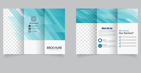 Fototapeta premium Modern Blue Trifold Brochure Template with Geometric Business Design. Ideal for corporate branding, digital services, consulting, and medical business presentations.