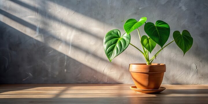 A philodendron plant with heart-shaped leaves sits in a small terracotta pot placed near a window where it casts a beautiful long shadow on the floor , shadows, indoor