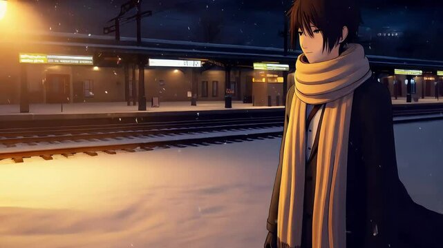 静かな夜の駅。柔らかな雪が降る中、スカーフとコートを着たアニメの旅行者が最終電車を待っています。