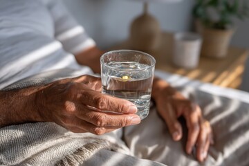 A serene close-up image of a hand holding a glass of water with a floating pill, embodying themes of health, wellness, and vitality in a soothing domestic environment.