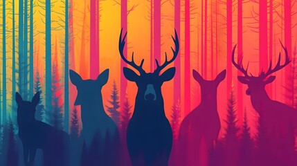 Colorful forest scene with animal silhouettes