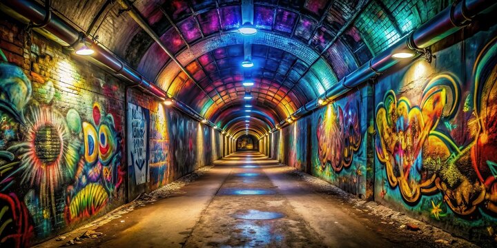 Fototapeta Abandoned underground tunnel with a vibrant graffiti wall and dimly lit recesses, graffiti, passage, graffiti,passage,abandoned,dark