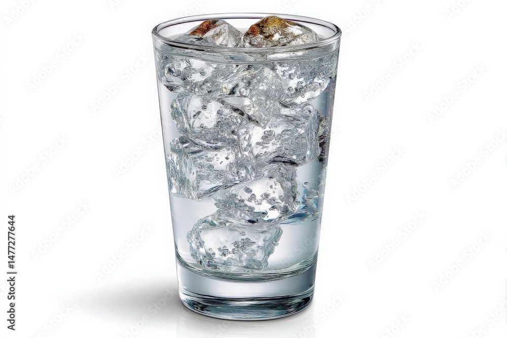 Poster refreshing cold drink with ice cubes in a clear glass on a bright day