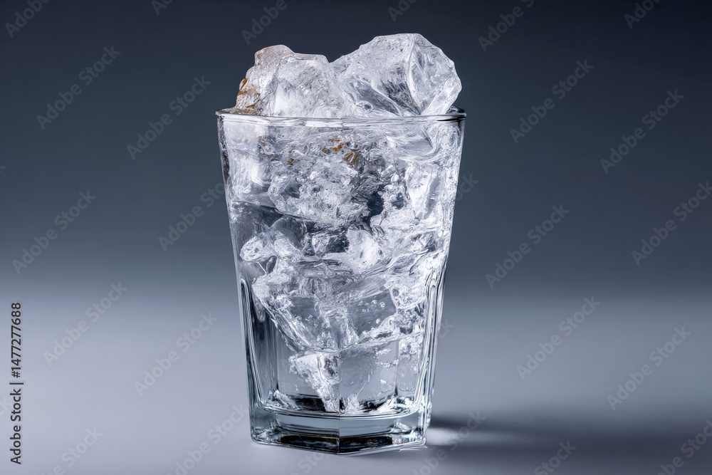 Poster refreshing clear glass filled with ice cubes against a minimalist backdrop in natural light