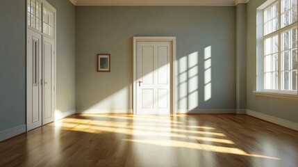 Obraz premium Minimalist home interior with closed white barn door and gray trim walls
