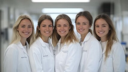 A team of female scientists stands shoulder to shoulder, their bright smiles illuminating the laboratory setting.