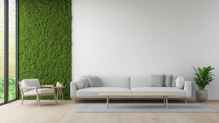 Modern Living Room Interior with Green Moss Wall and Large Window modern living room interior design