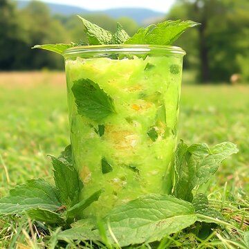 Refreshing herbal elixir in a glass surrounded by fresh mint leaves on lush green grass