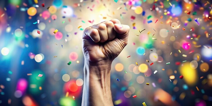 Hands clenched in a fist pump gesture with confetti scattered around it amidst a blurred background, triumphant gesture, triumph