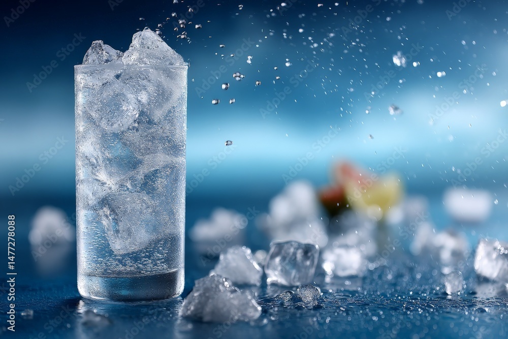 Poster refreshing drink with ice and splashes on a blue background during a summer afternoon