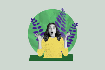 Pop zine sketch artwork collage of happy pretty girl stand green herb plant branch spring season park walk botany summer leisure