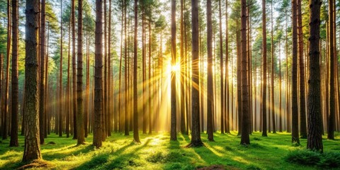 Naklejka premium Golden Rays Illuminating a Serene Pine Forest at Dawn, Creating a Magical Atmosphere of Tranquility and Natural Beauty
