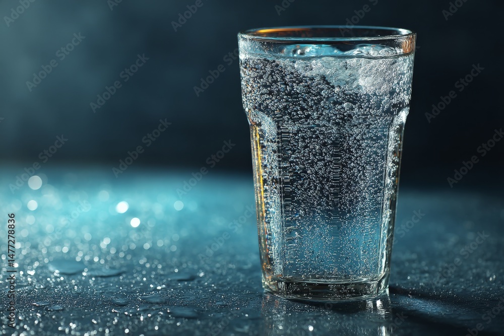Aufkleber sparkling water in a glass with bubbles on a wet table surface at evening light