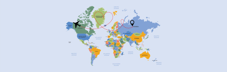 Naklejka premium Airplane path in dotted line shape on world map. Flight path. Vector illustration.
