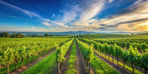 Naklejka premium Serene vineyard landscape under a clear blue sky with rows of lush green grapevines stretching towards the horizon