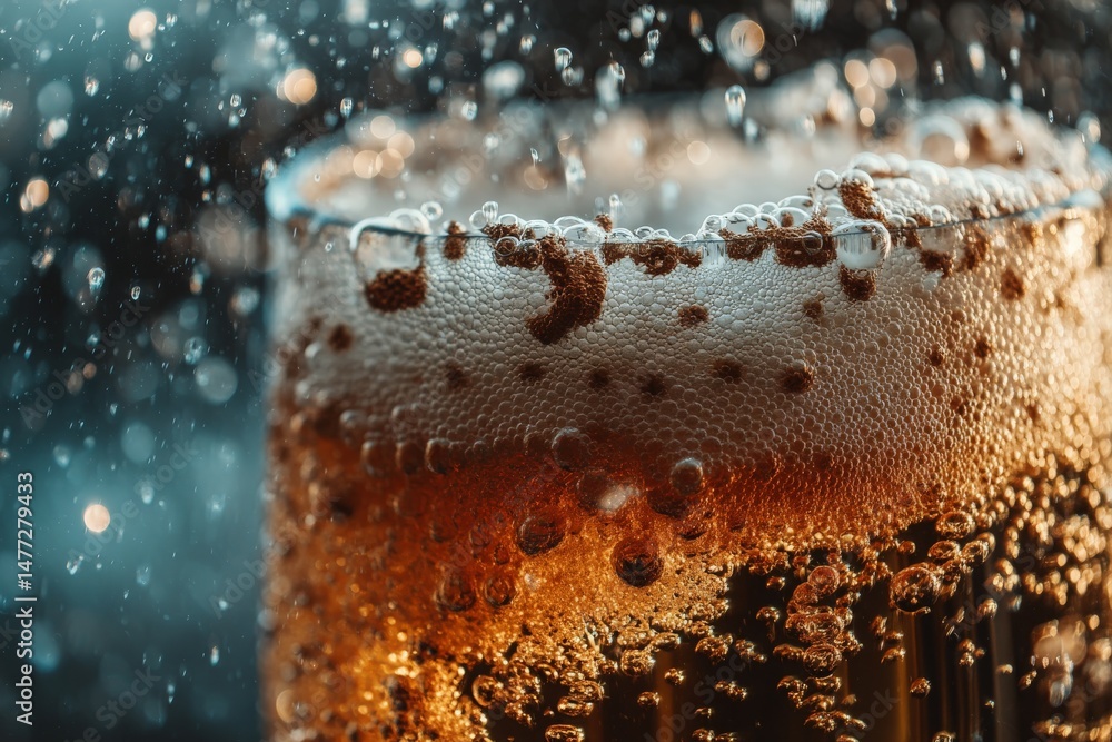Aufkleber bubbles rise in a cold glass of beer as condensation forms on the surface in a dimly lit setting