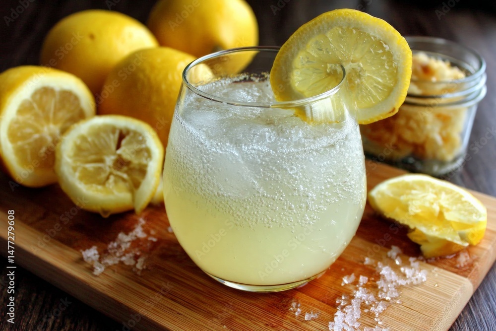 Aufkleber refreshing lemon beverage prepared with sparkling water and served with fresh lemon slices on a wood