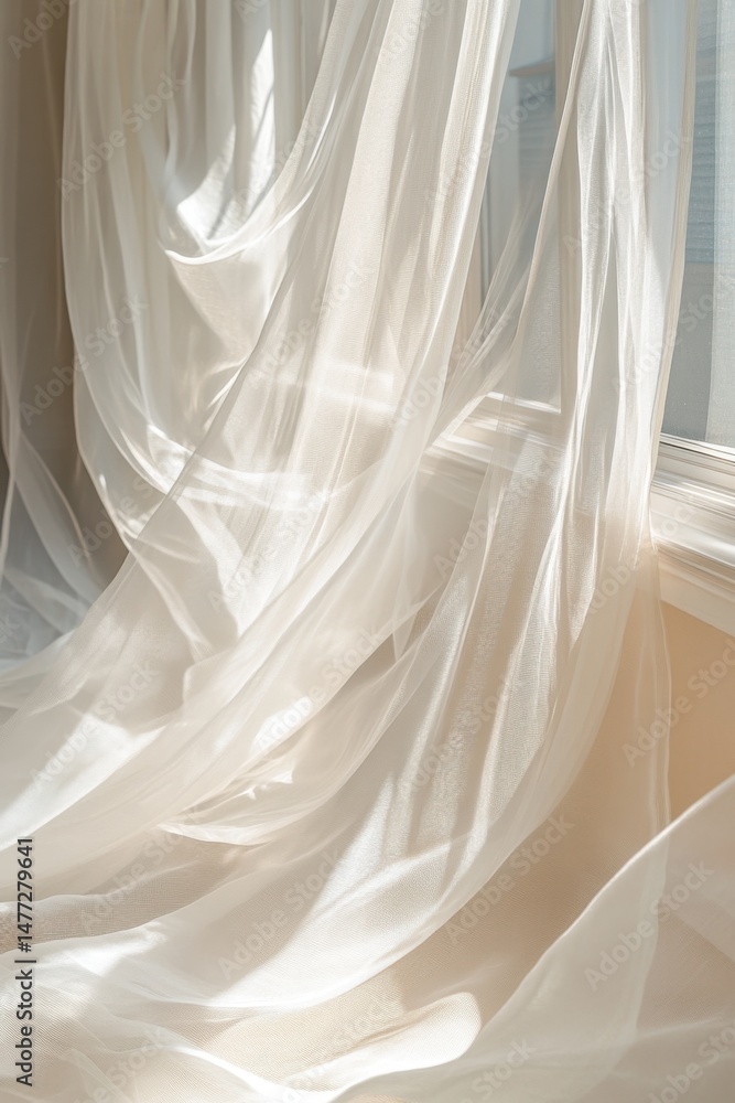 Poster flowing sheer curtain by window with sunlight streaming through in soft light and airy atmosphere in