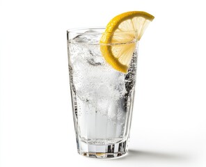 Refreshing drink in tall glass, garnished with lemon slice and ice cubes