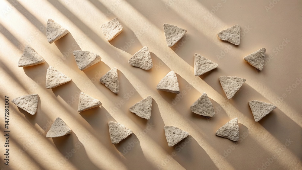 Fototapete Triangular stone objects arranged in a repeating pattern, illuminated by soft sunlight casting shadows on a beige surface