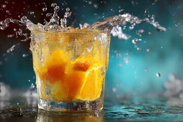 Vibrant citrus drink splashes in a clear glass against a colorful background
