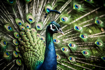 Fototapeta premium A colorful peafowl proudly displays its beautiful blue and green patterned tail feathers, a stunning spectacle of nature's artistry