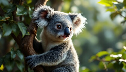 Fototapeta premium Close Up of A Gray Koala Clinging to a Branch Under Natural Light with Lush Green Leaves in the Background