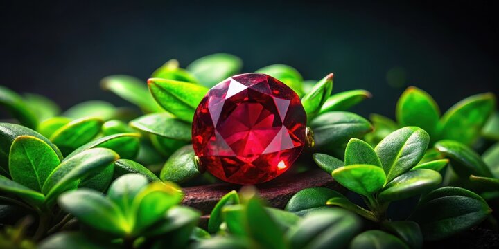 Deep red ruby gemstone nestled among lush greenery on a dark black background, radiating warm and inviting tones , dark background, gemstones