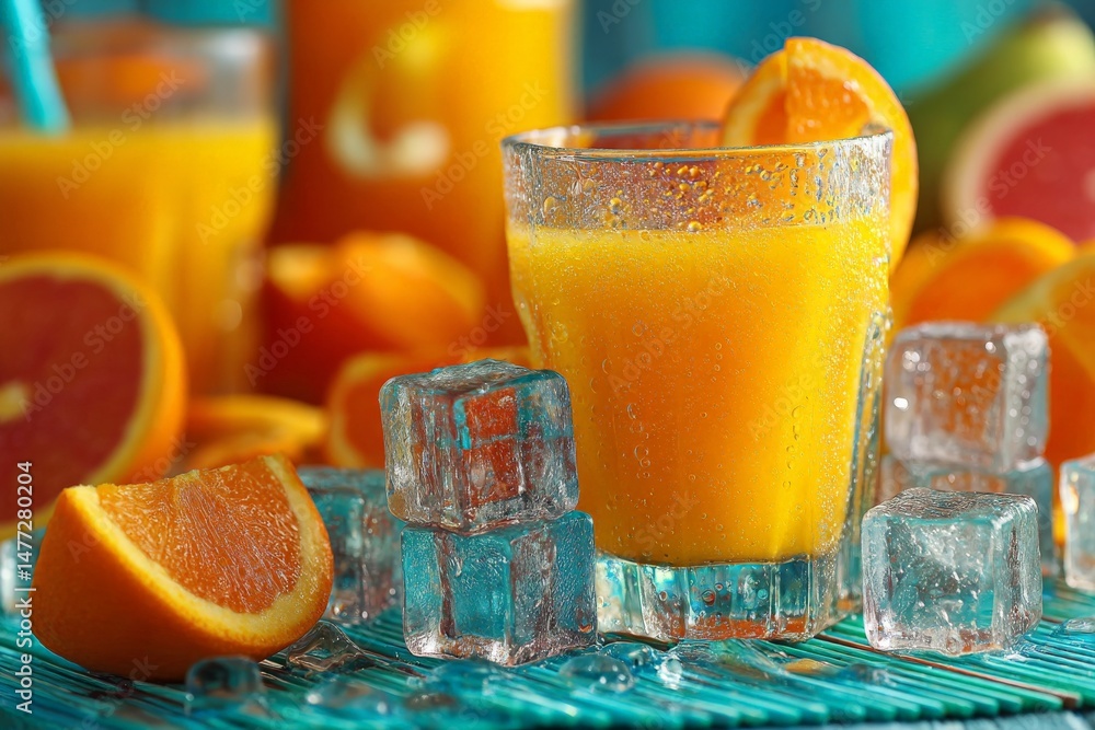 Poster freshly squeezed orange juice with ice and vibrant oranges on a turquoise table