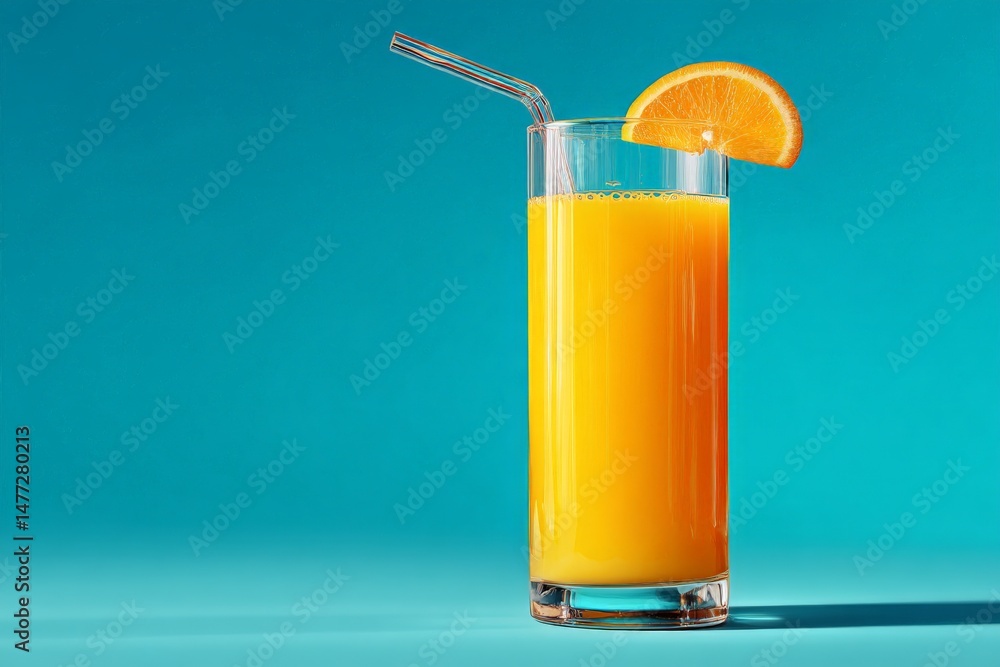 Poster enjoying refreshing orange juice in a tall glass with a slice of orange against a vibrant blue backg
