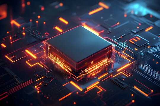 Futuristic microchip processor. Quantum computer, big data processing, database concept. Development of technologies of the future CPU and microprocessors for machine learning,&nbsp;