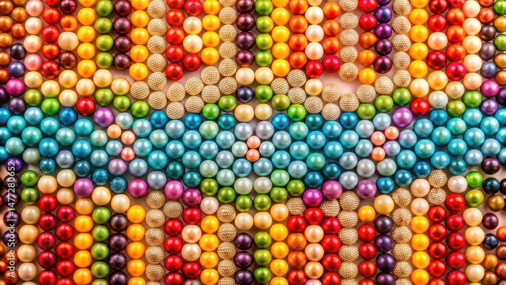 Poster vibrant colorful sphere arrangement in a symmetrical pattern featuring a central band of teal sphere