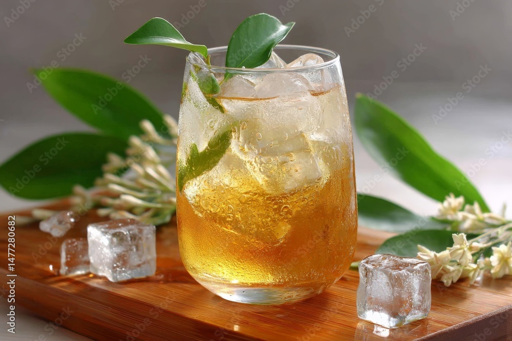 Poster refreshing beverage with ice and herbs on a wooden tray in a natural setting