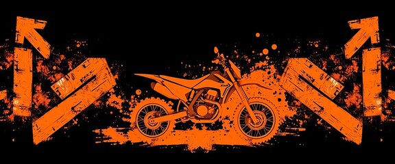 Abstract orange grunge motocross pattern with motorcycle silhouette and directional arrows on black background,  racing, design