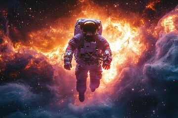 Lost in deep space a lone astronaut drifts toward a glowing nebula surreal cosmic horror