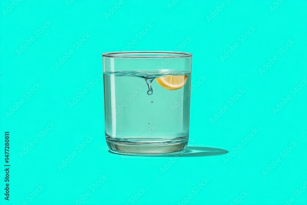 Poster refreshing glass of water with lemon slice splashing in turquoise backdrop during daylight