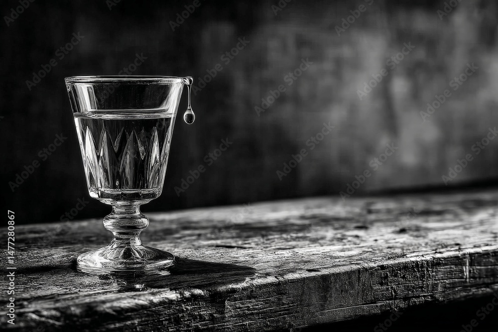 Aufkleber crystal glass filled with water sits on a rustic wooden table with a single droplet about to fall