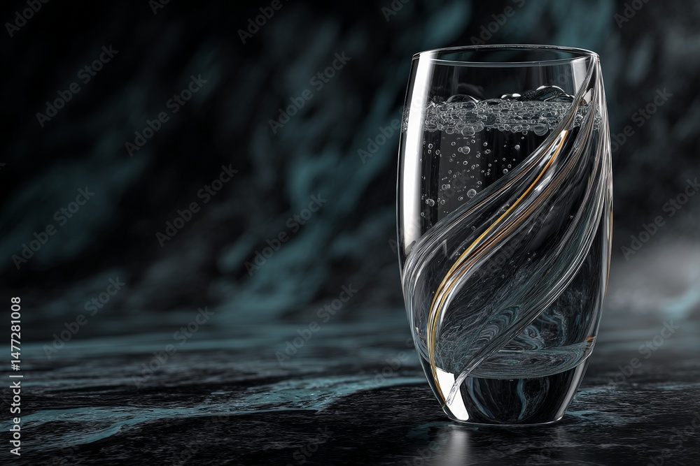 Poster elegant clear glass with swirling design filled with sparkling water on textured dark surface during