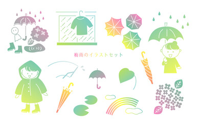 梅雨の手描きイラストセット
