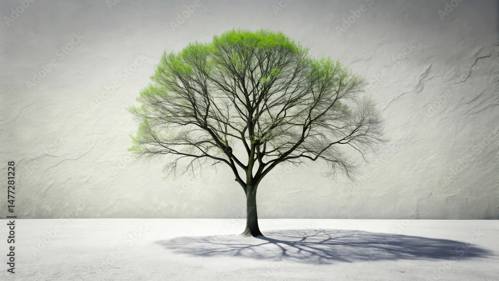 Poster solitary spring tree against a textured wall, casting a long shadow on a smooth surface