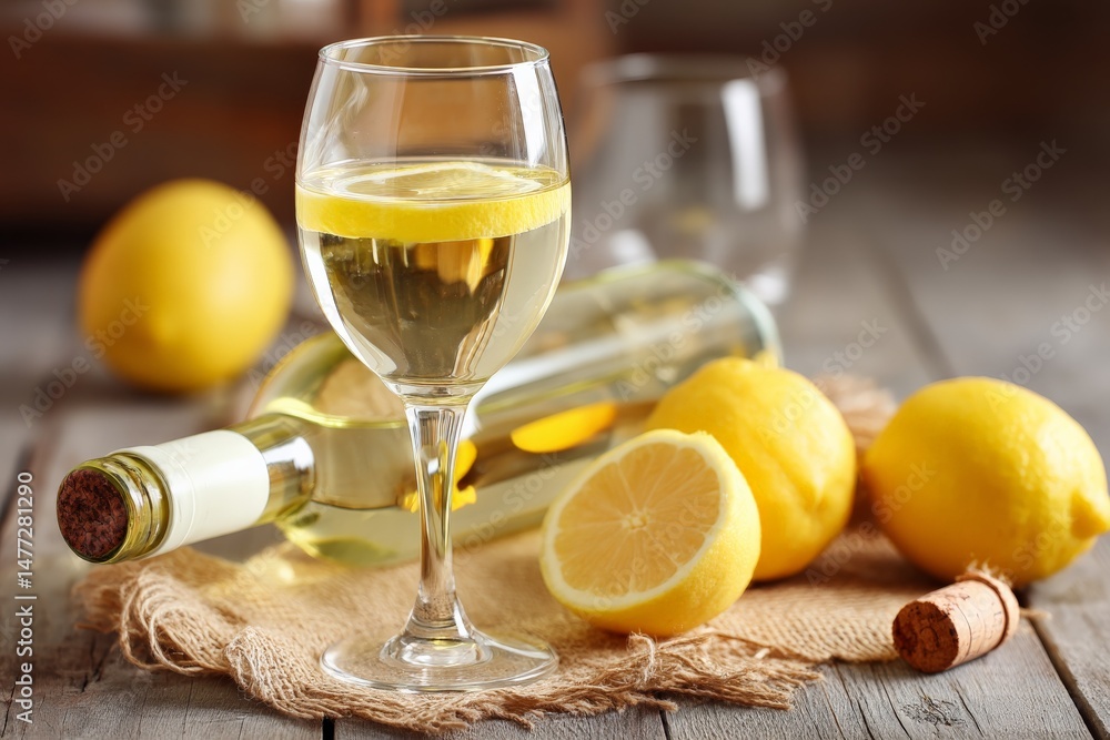 Aufkleber refreshing white wine spritzer with fresh lemons on rustic wooden table in cozy setting