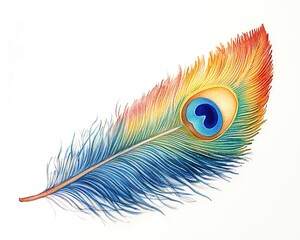 Obraz premium Isolated on white, vibrant peacock feather tattoo flash in watercolor with flowing ink splashes, bohemian and mystical, soft pastel tones