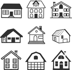 Collection of home icons. House icons set. Hand drawn House collection. Set of houses icons
