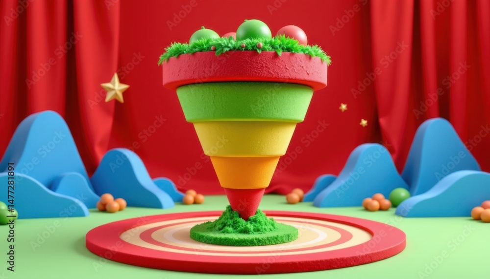 Poster a colorful, layered funnel-shaped object stands on a circular platform against a playful, whimsical 