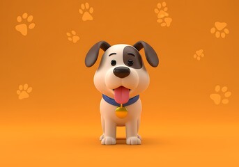Naklejka premium Cute Cartoon Puppy, Orange Background, Paw Prints