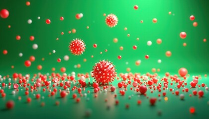 Red and white virus-like particles floating and scattered on a green background, representing microscopic organisms or viral infection.