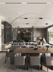 Interior of modern living room with white and wooden walls, tiled floor, comfortable sofa and tv set