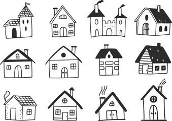 Collection of home icons. House icons set. Hand drawn House collection. Set of houses icons