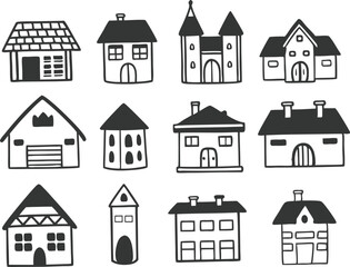 Collection of home icons. House icons set. Hand drawn House collection. Set of houses icons