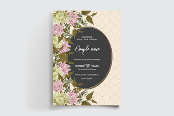 WEDDING INVITATION FRAME WITH FLOWER DECORATIONS AND FRESH LEAVES
